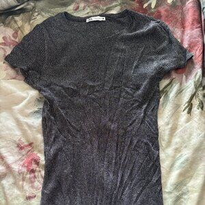 ZARA Glitter Mesh Sheer Top | Dark Silver Short Sleeve